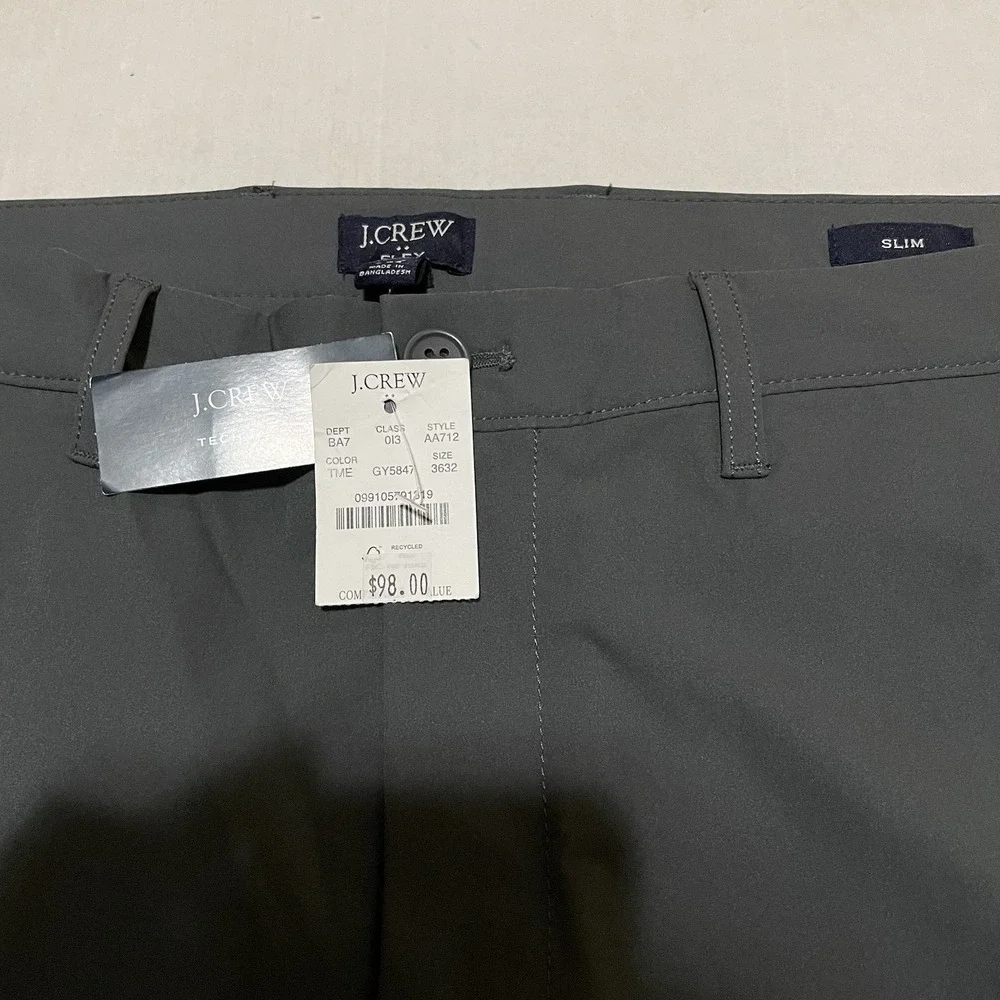 J.Crew Flex Tech Pants Mens 36 X 32 Slim Straight Gray Moisture Wicking NEW